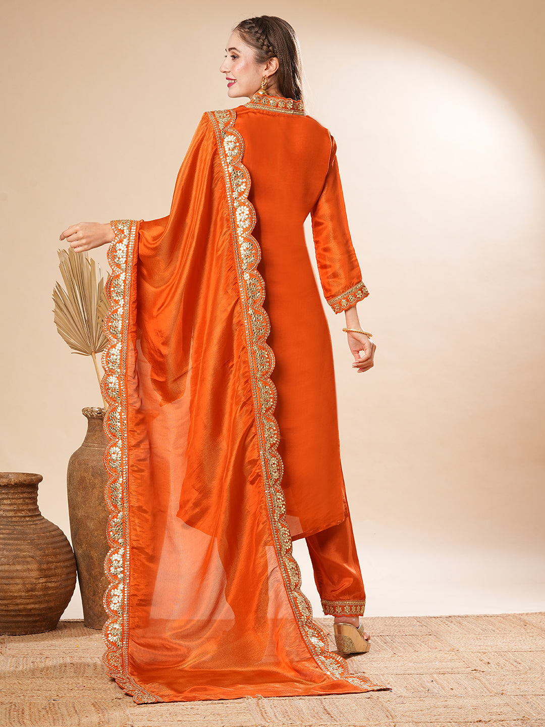 Solid Gotapatti & Zari Embroidered Shimmer Kurta with Pants & Dupatta - Orange