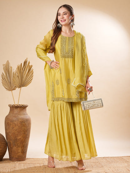 Solid Zardozi & Stones Embroidered Kurti with Sharara & Dupatta - Lime Green