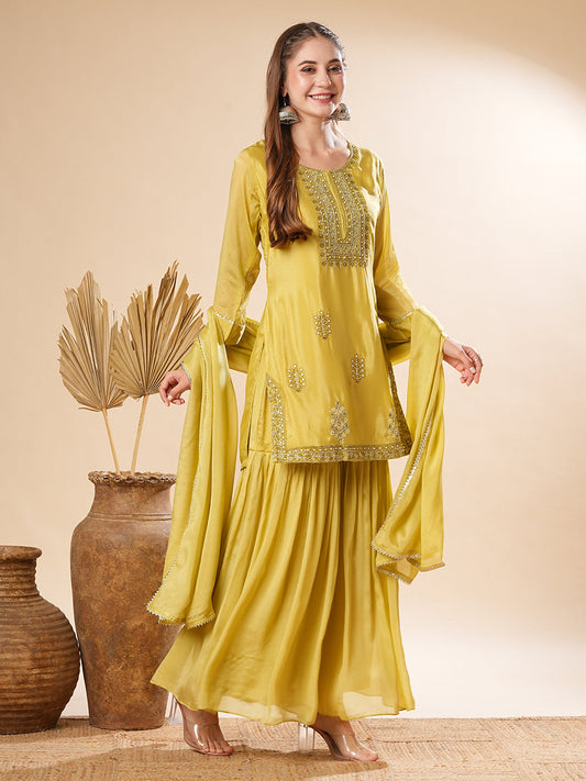 Solid Zardozi & Stones Embroidered Kurti with Sharara & Dupatta - Lime Green