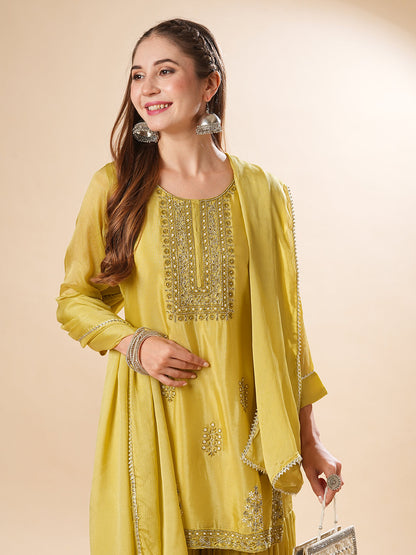 Solid Zardozi & Stones Embroidered Kurti with Sharara & Dupatta - Lime Green