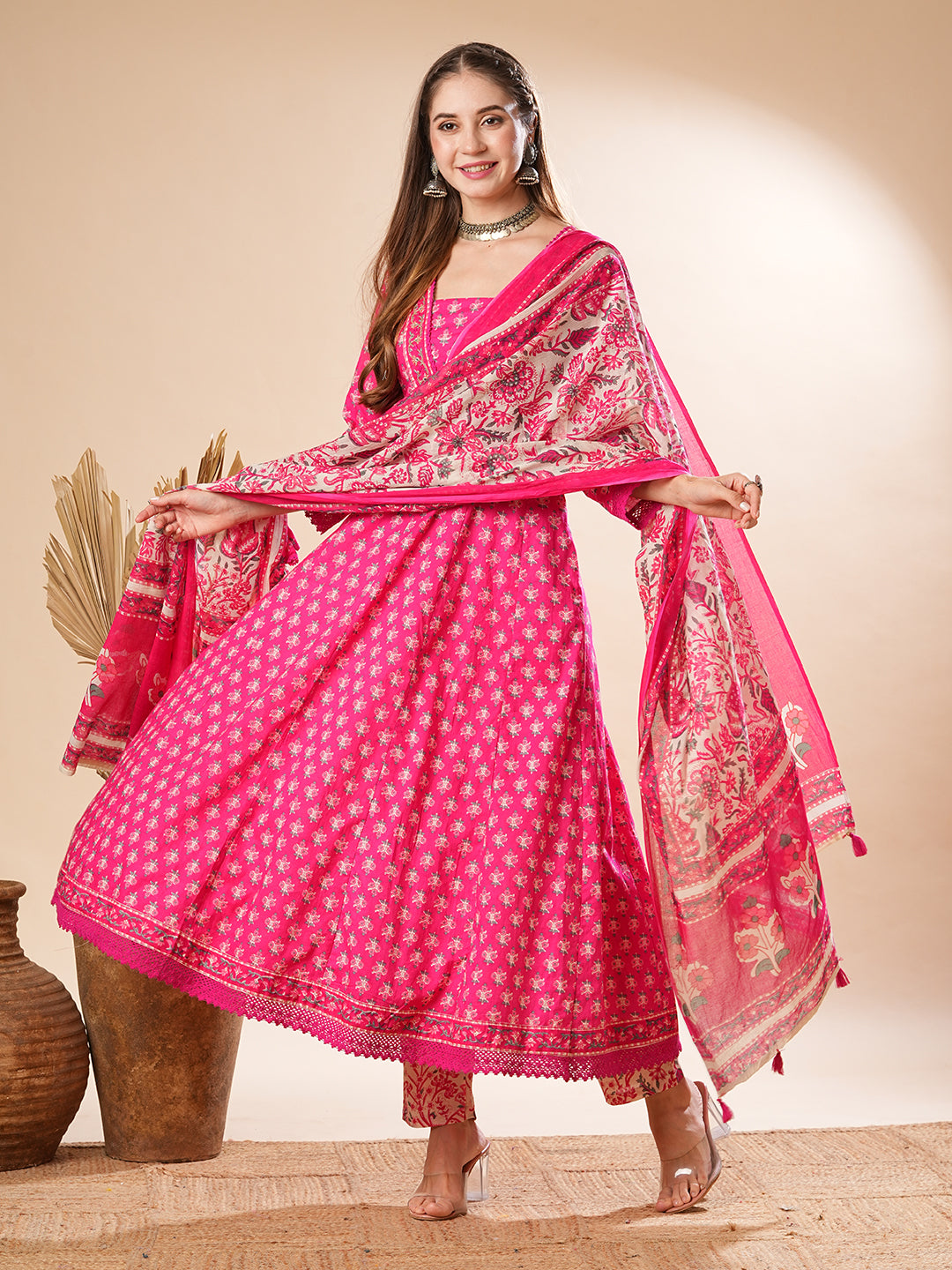 Floral Printed Mirror & Beads Embroidered Anarkali Kurta with Pants & Dupatta - Pink