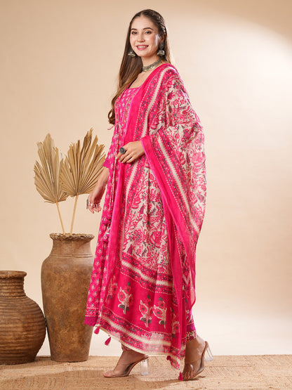 Floral Printed Mirror & Beads Embroidered Anarkali Kurta with Pants & Dupatta - Pink