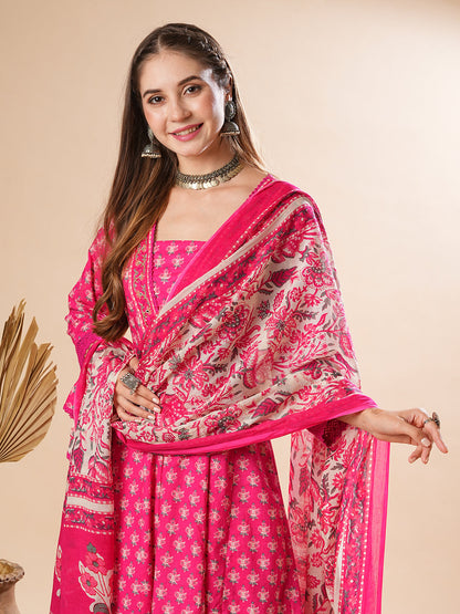 Floral Printed Mirror & Beads Embroidered Anarkali Kurta with Pants & Dupatta - Pink