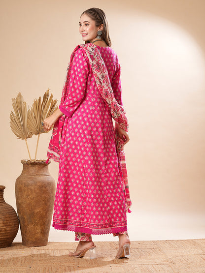 Floral Printed Mirror & Beads Embroidered Anarkali Kurta with Pants & Dupatta - Pink