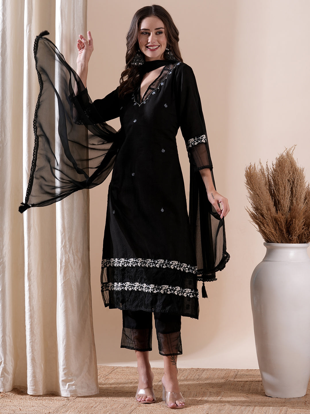 Woven Dobby Design Resham & Cutdana Embroidered Kurta with Pants & Dupatta - Black