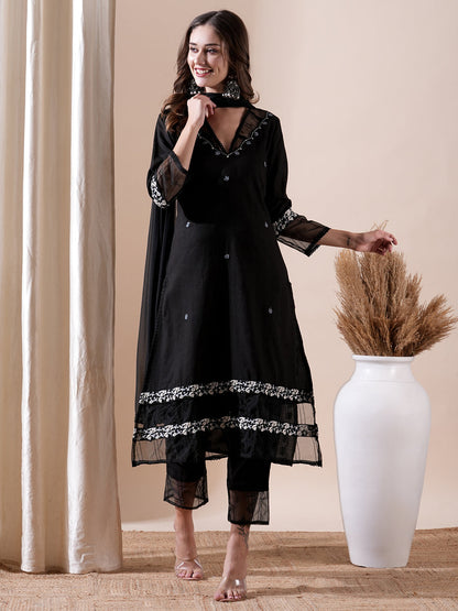 Woven Dobby Design Resham & Cutdana Embroidered Kurta with Pants & Dupatta - Black