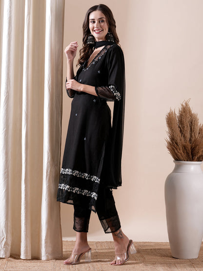 Woven Dobby Design Resham & Cutdana Embroidered Kurta with Pants & Dupatta - Black