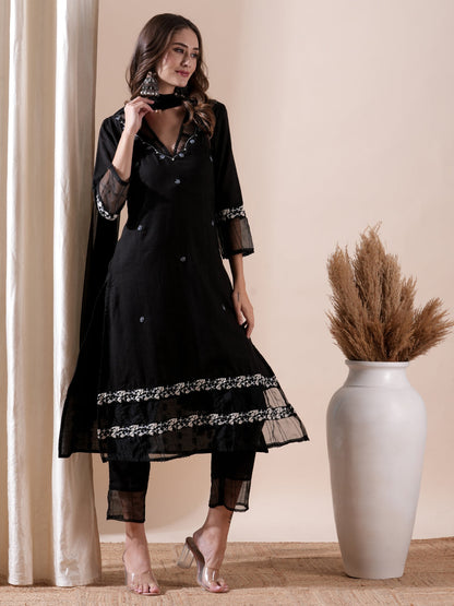 Woven Dobby Design Resham & Cutdana Embroidered Kurta with Pants & Dupatta - Black