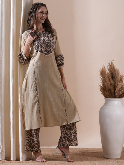 Solid Crochet Lace Embellished A-line Kurta with Floral Palazzo - Taupe