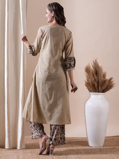 Solid Crochet Lace Embellished A-line Kurta with Floral Palazzo - Taupe