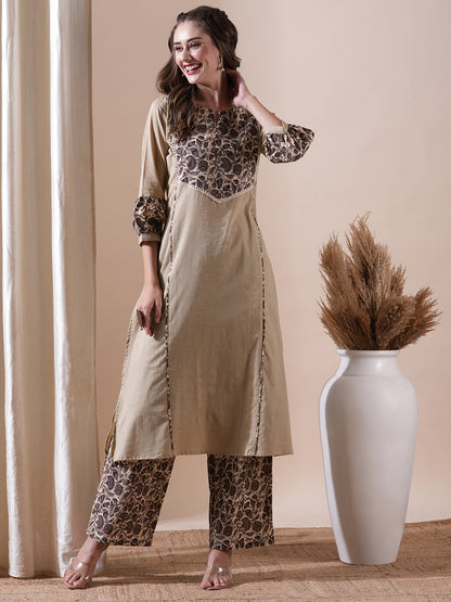 Solid Crochet Lace Embellished A-line Kurta with Floral Palazzo - Taupe