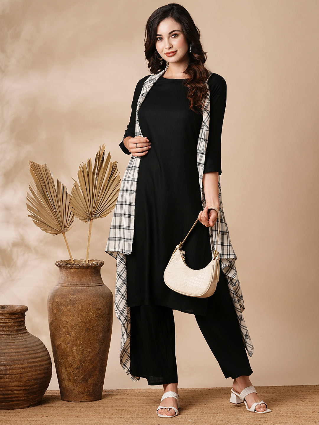 Solid Kurta with Checks Printed Draped Jacket & Palazzo - Black