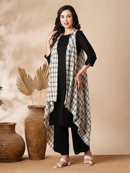 Solid Kurta with Checks Printed Draped Jacket & Palazzo - Black