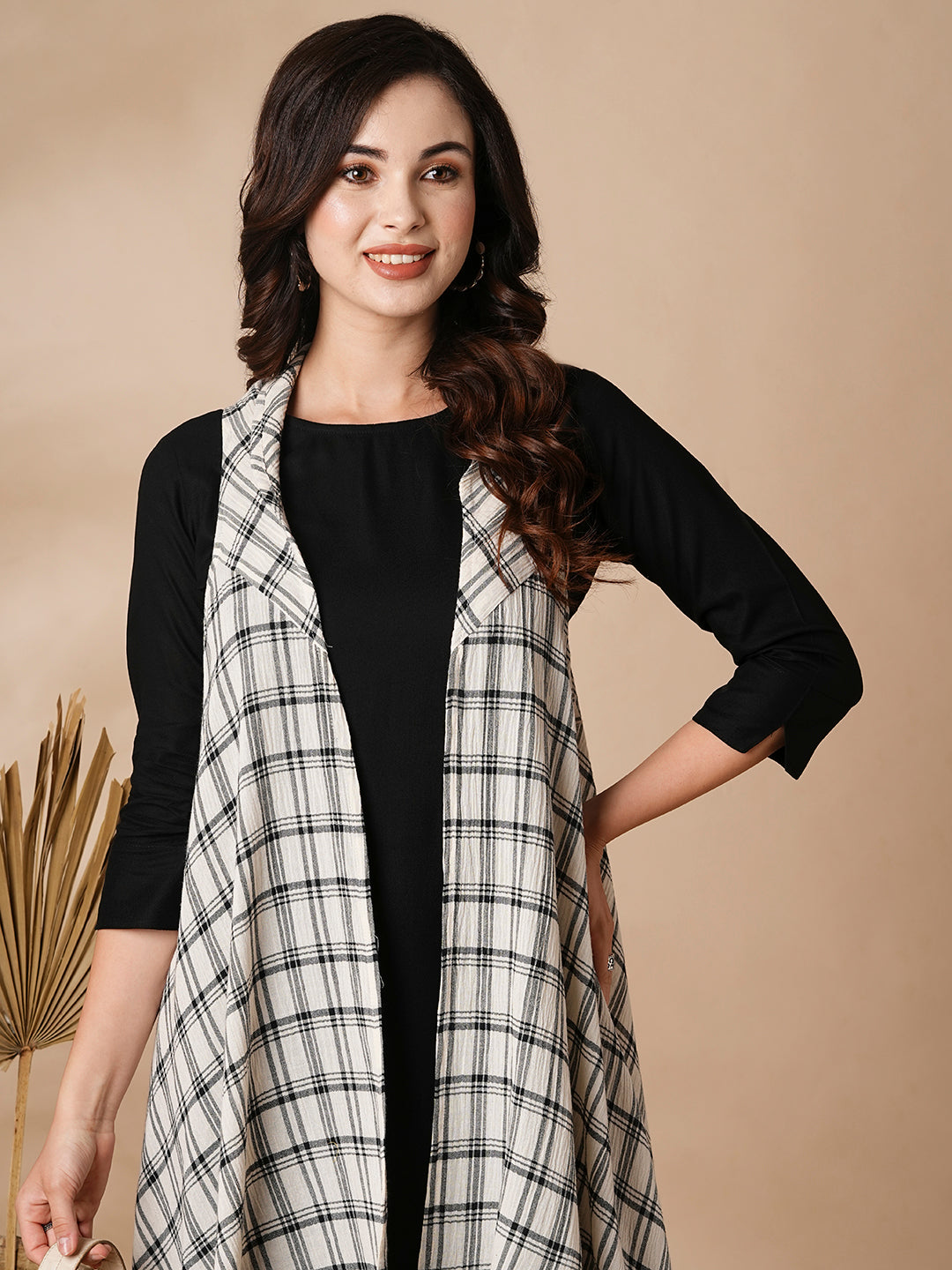 Solid Kurta with Checks Printed Draped Jacket & Palazzo - Black