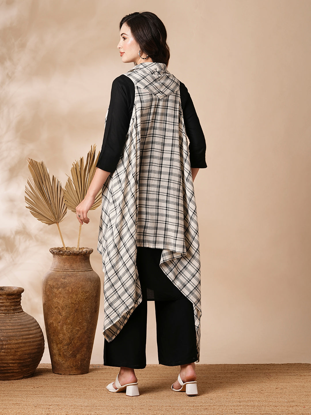 Solid Kurta with Checks Printed Draped Jacket & Palazzo - Black