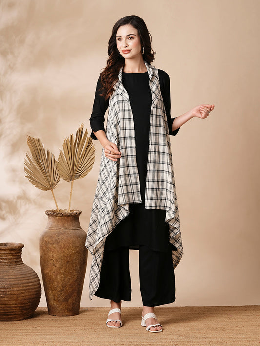 Solid Kurta with Checks Printed Draped Jacket & Palazzo - Black