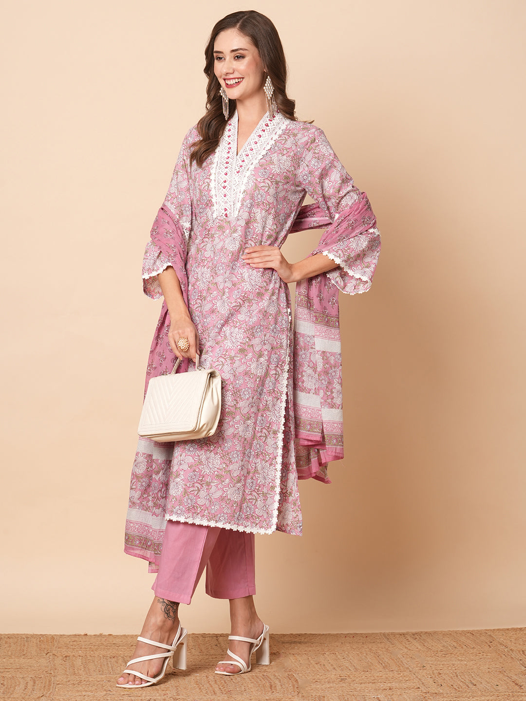 Floral Printed Lace Embellished A-line Kurti with Pants Co-ord Set - Multi