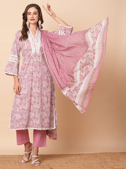 Floral Printed Lace Embellished A-line Kurti with Pants Co-ord Set - Multi