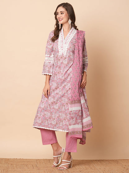 Floral Printed Lace Embellished A-line Kurti with Pants Co-ord Set - Multi