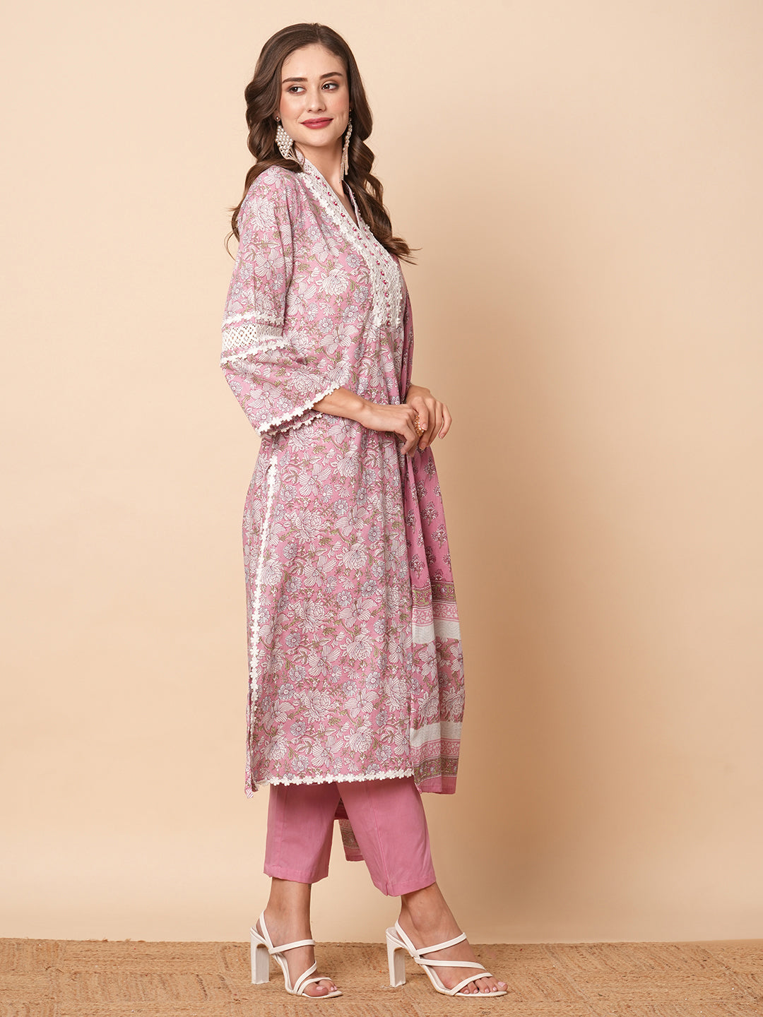 Floral Printed Lace Embellished A-line Kurti with Pants Co-ord Set - Multi