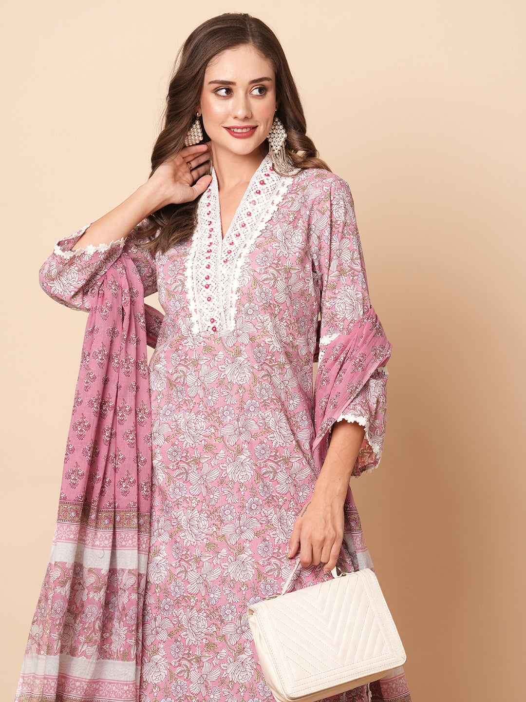 Floral Printed Lace Embellished A-line Kurti with Pants Co-ord Set - Multi