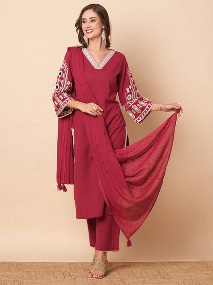 Solid Mirror & Resham Embroidered Kurta with Pants & Dupatta - Maroon