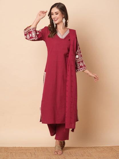 Solid Mirror & Resham Embroidered Kurta with Pants & Dupatta - Maroon