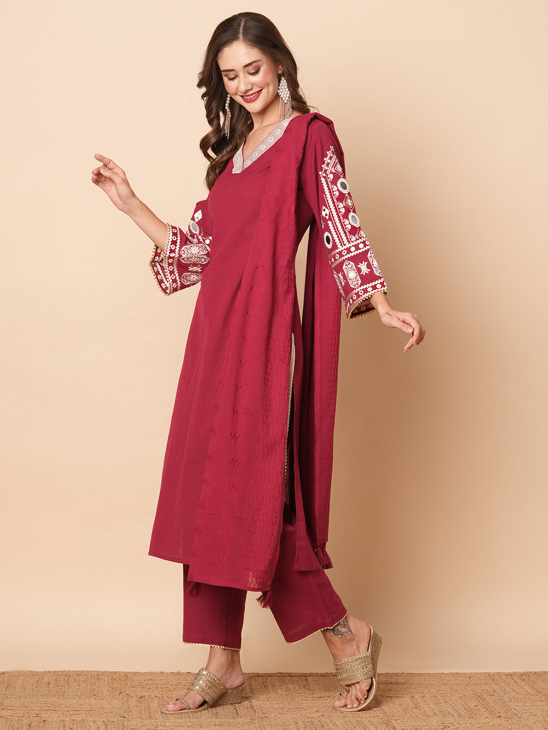 Solid Mirror & Resham Embroidered Kurta with Pants & Dupatta - Maroon