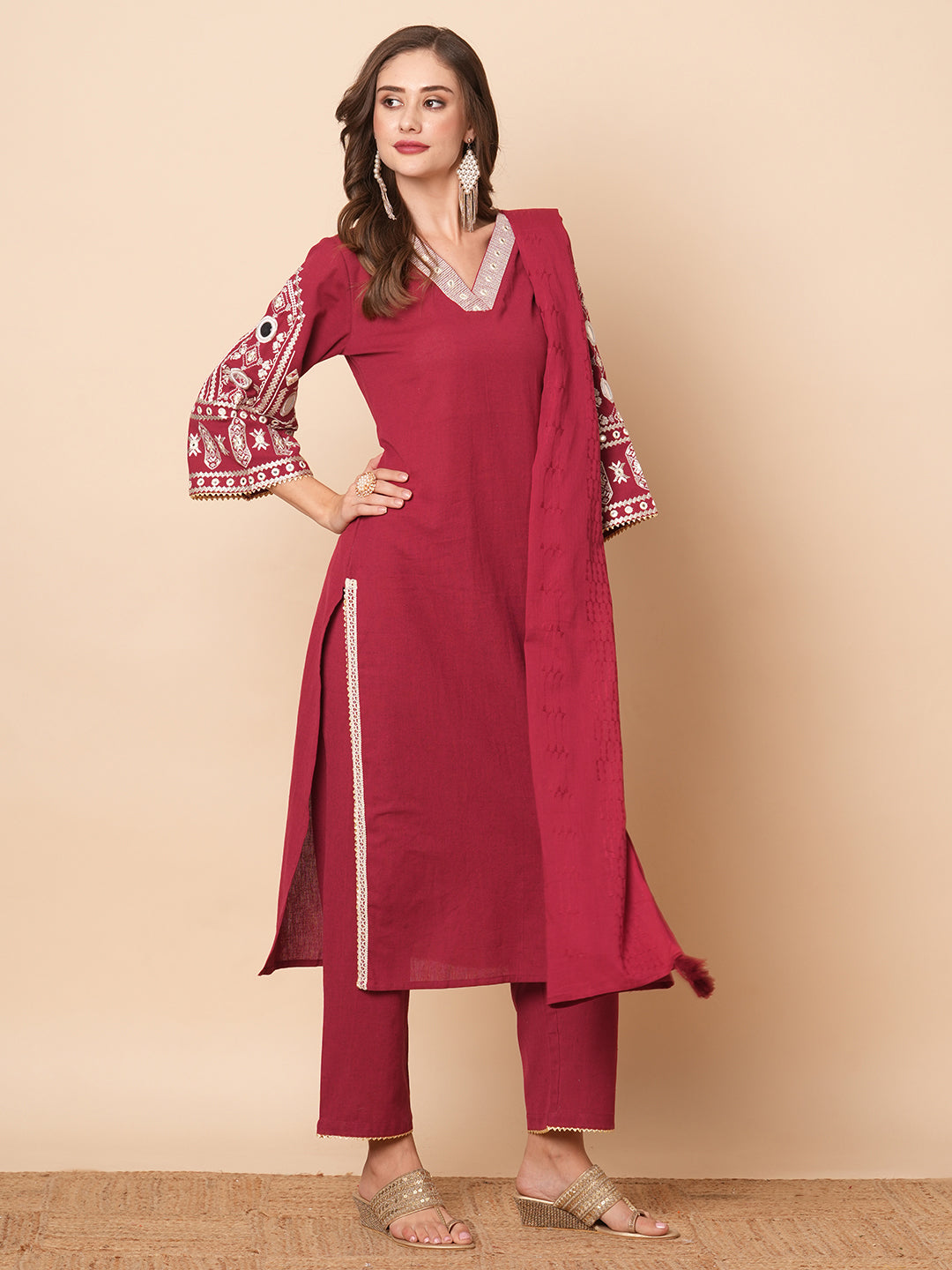 Solid Mirror & Resham Embroidered Kurta with Pants & Dupatta - Maroon