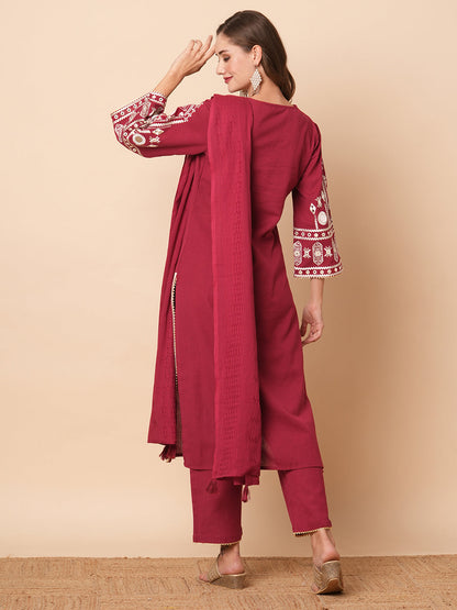 Solid Mirror & Resham Embroidered Kurta with Pants & Dupatta - Maroon