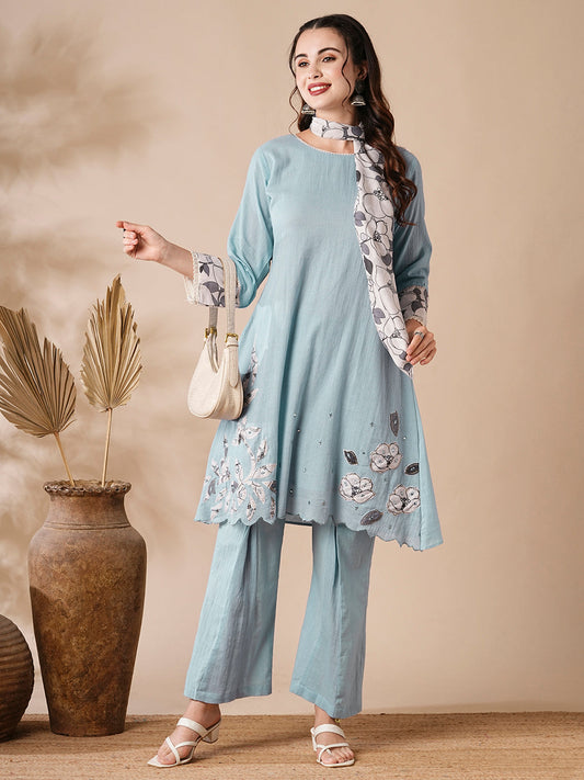 Solid Mirror & Applique Embroidered Cotton Kota Kurta with Waistbelt & Flared Pants - Blue