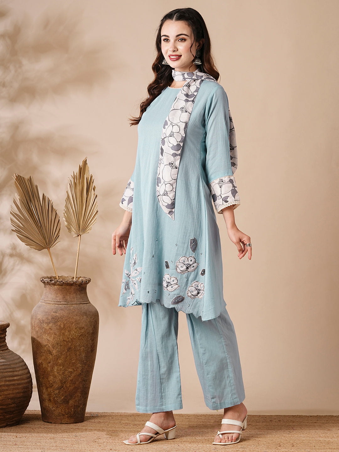 Solid Mirror & Applique Embroidered Cotton Kota Kurta with Waistbelt & Flared Pants - Blue