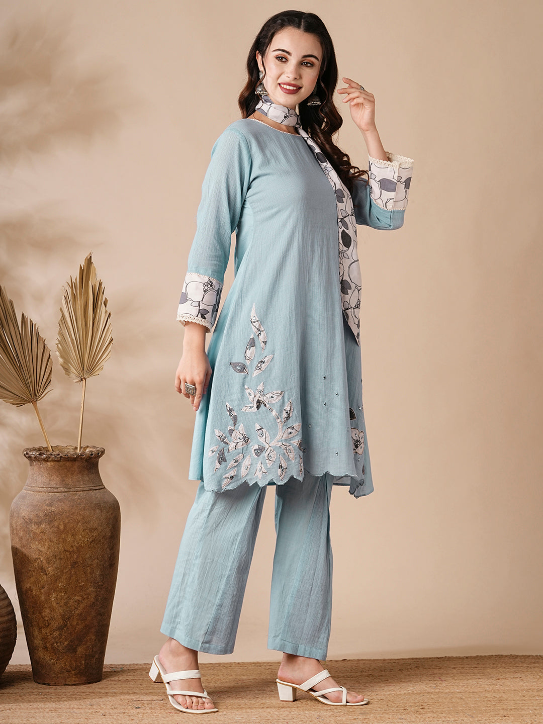 Solid Mirror & Applique Embroidered Cotton Kota Kurta with Waistbelt & Flared Pants - Blue