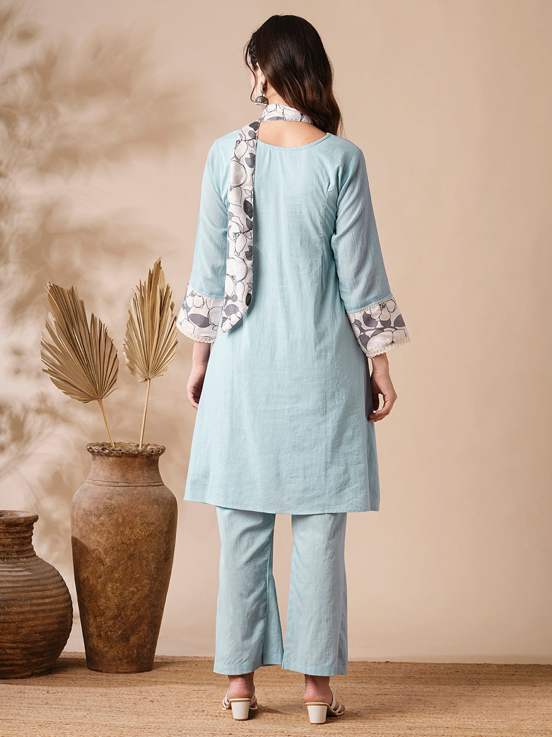 Solid Mirror & Applique Embroidered Cotton Kota Kurta with Waistbelt & Flared Pants - Blue