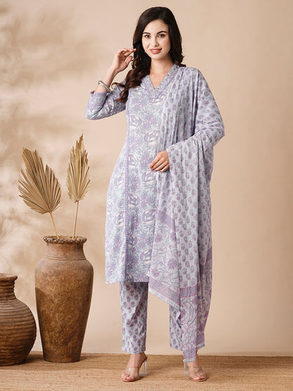 Floral Printed Mirror & Zari Embroidered Kurta with Pants & Dupatta - Purple