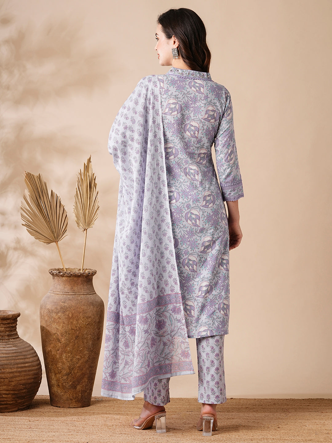 Floral Printed Mirror & Zari Embroidered Kurta with Pants & Dupatta - Purple