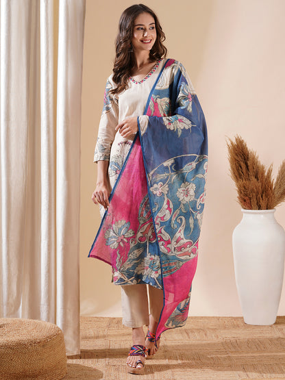 Floral Printed Resham & Beads Embroidered Kurta with Pants & Dupatta - Off White