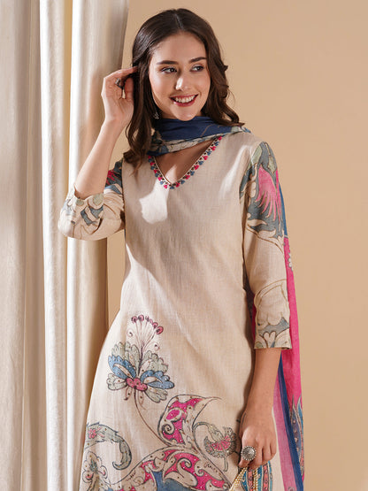 Floral Printed Resham & Beads Embroidered Kurta with Pants & Dupatta - Off White