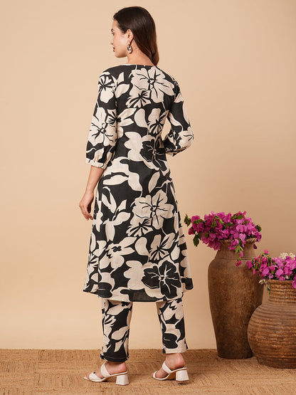 Floral Printed Wooden Buttoned A-line Kurta with Pants - Black & Off White