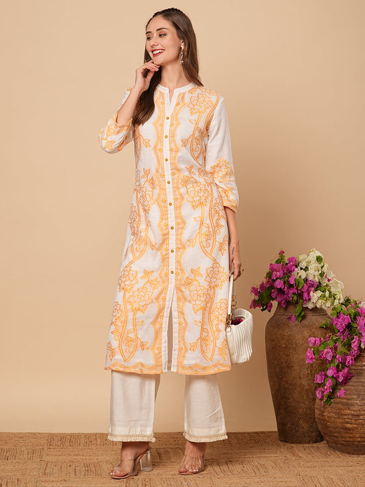 Floral Woven Jacquard A-line Kurta with Pants - White & Mustard