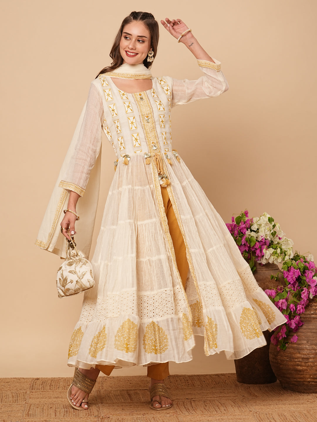 Solid Resham Embroidered Tiered Jacket Style Kurta with Pants & Dupatta - Off White