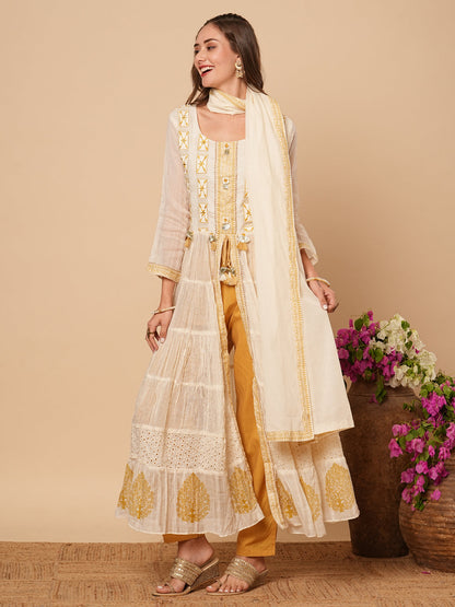 Solid Resham Embroidered Tiered Jacket Style Kurta with Pants & Dupatta - Off White