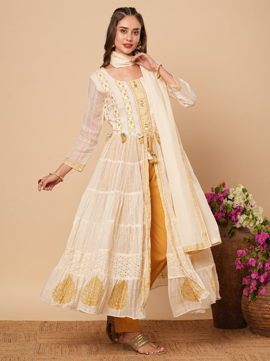 Solid Resham Embroidered Tiered Jacket Style Kurta with Pants & Dupatta - Off White