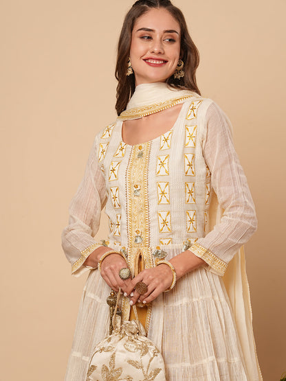 Solid Resham Embroidered Tiered Jacket Style Kurta with Pants & Dupatta - Off White