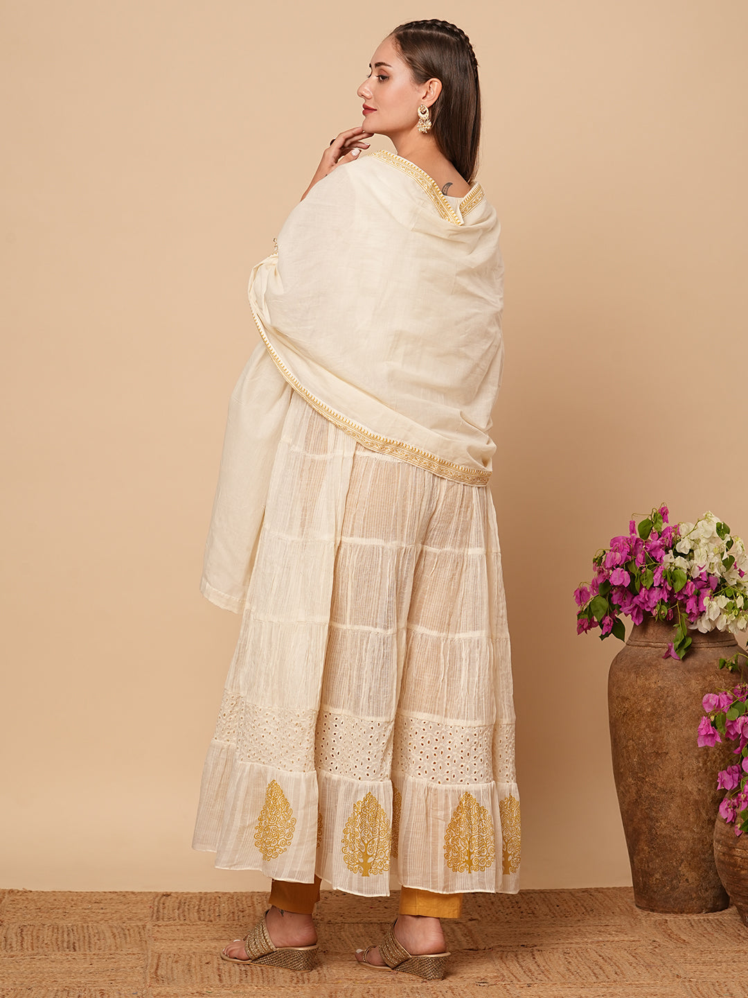 Solid Resham Embroidered Tiered Jacket Style Kurta with Pants & Dupatta - Off White