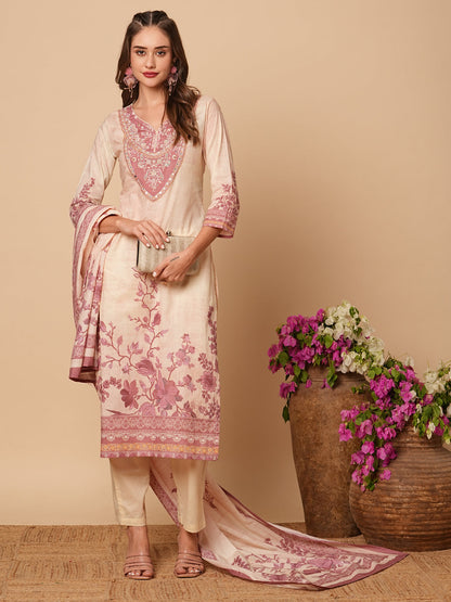 Floral Printed Mirror & Sequins Embroidered Kurta with Pants & Dupatta - Cream