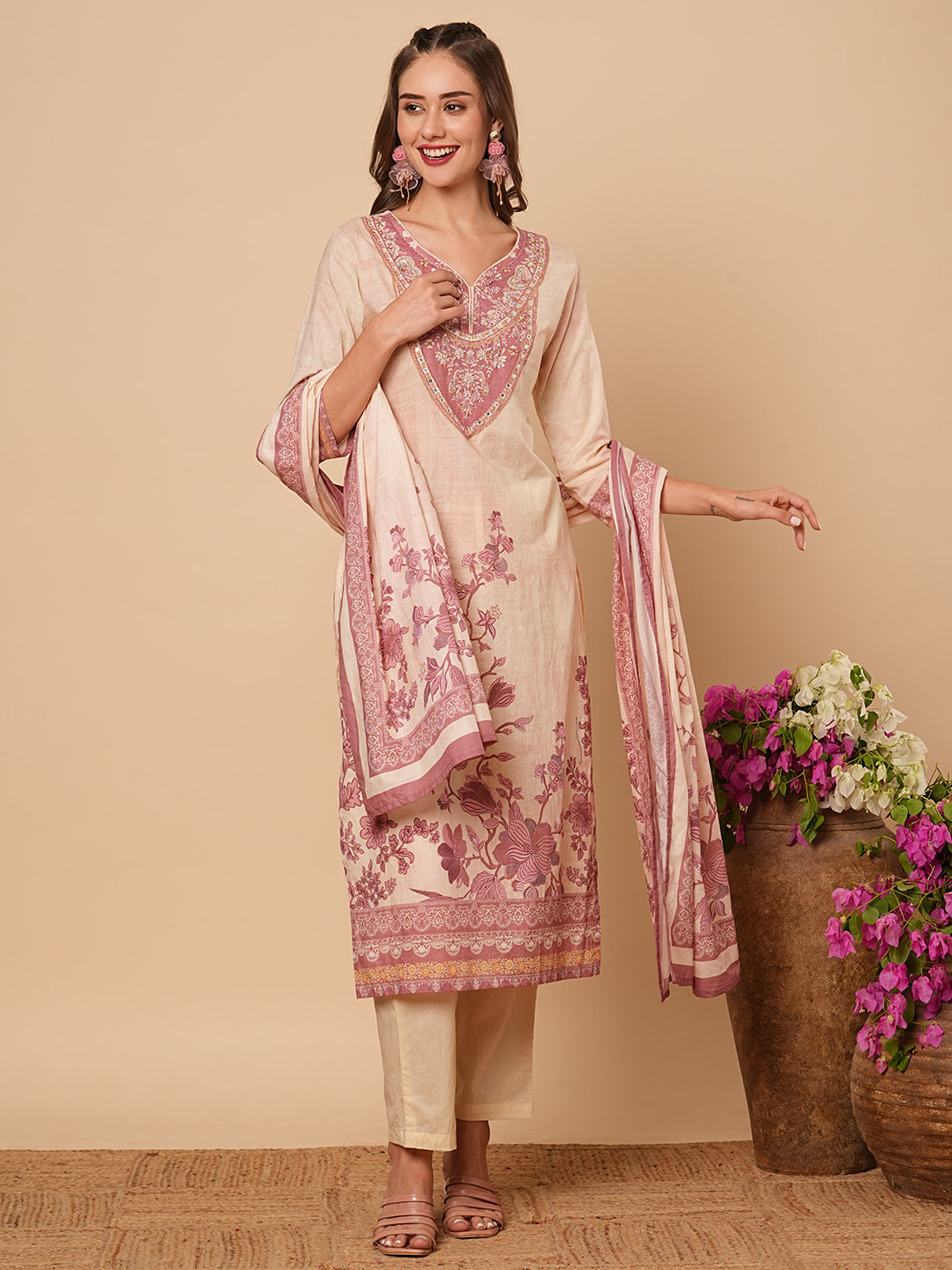 Floral Printed Mirror & Sequins Embroidered Kurta with Pants & Dupatta - Cream