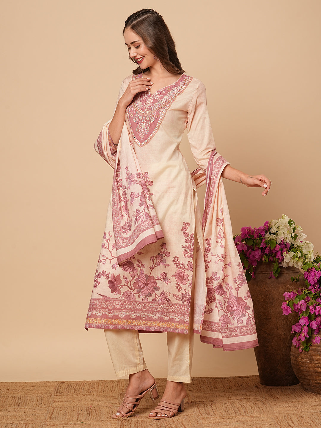 Floral Printed Mirror & Sequins Embroidered Kurta with Pants & Dupatta - Cream