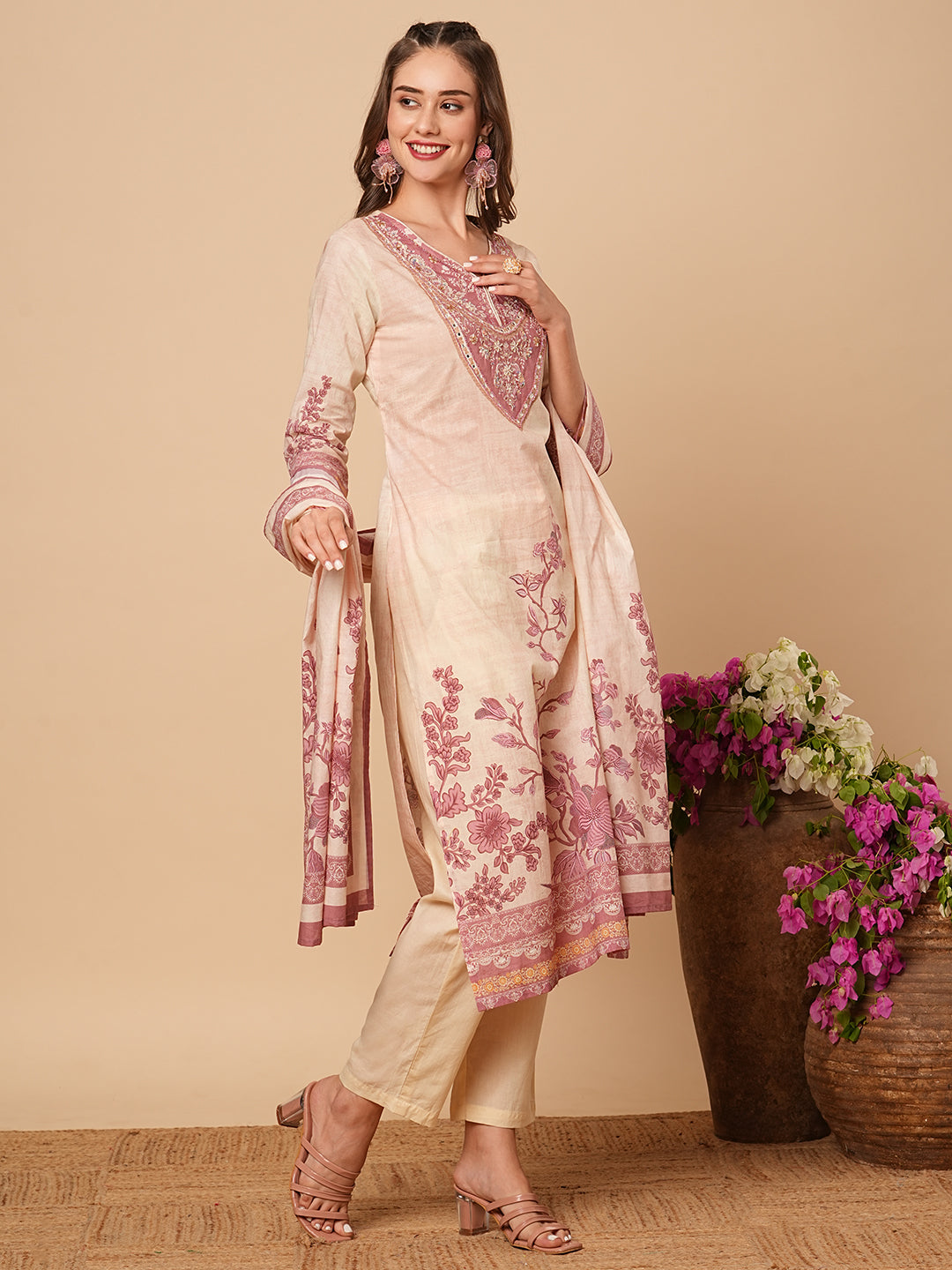 Floral Printed Mirror & Sequins Embroidered Kurta with Pants & Dupatta - Cream