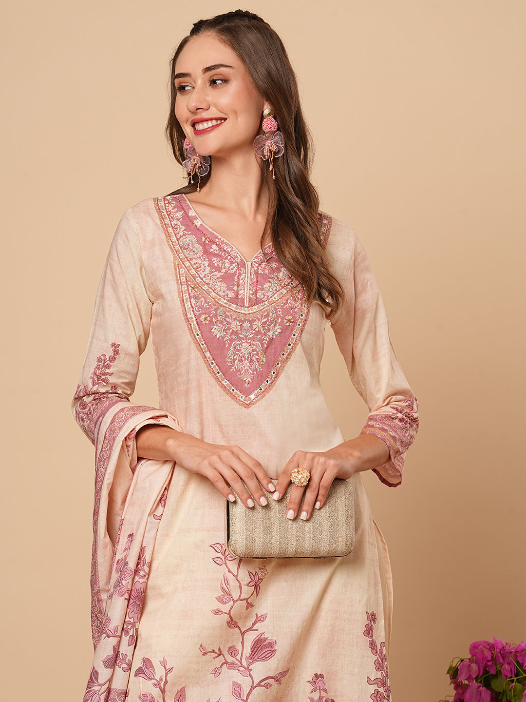 Floral Printed Mirror & Sequins Embroidered Kurta with Pants & Dupatta - Cream